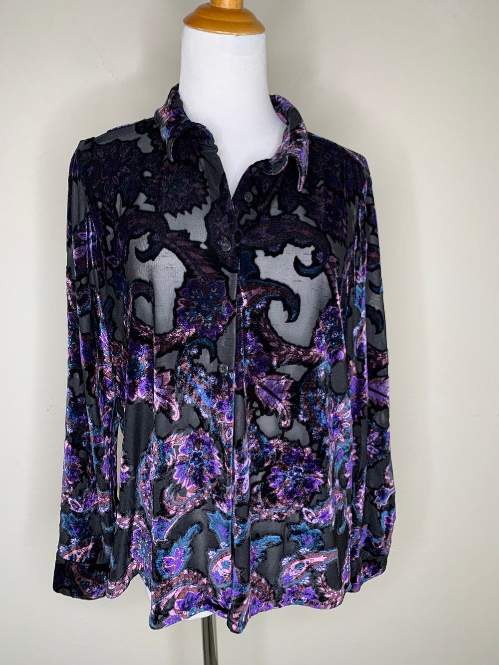 Sag Harbor Burnout Velour Blouse Sz 14 Petite Purple Black Whimsygoth